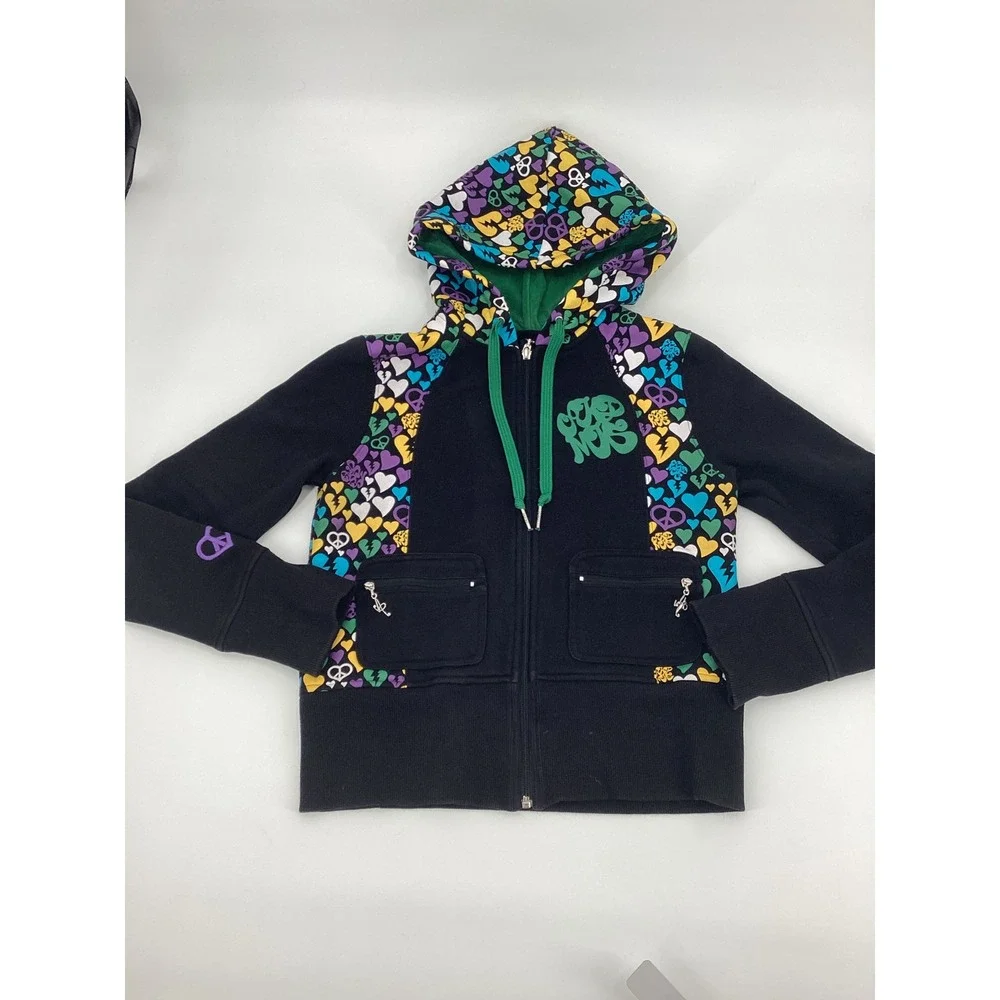 Akumu Ink Womens Black Heart Peace Print Zip Up Hoodie Velvet Lined Hood Large